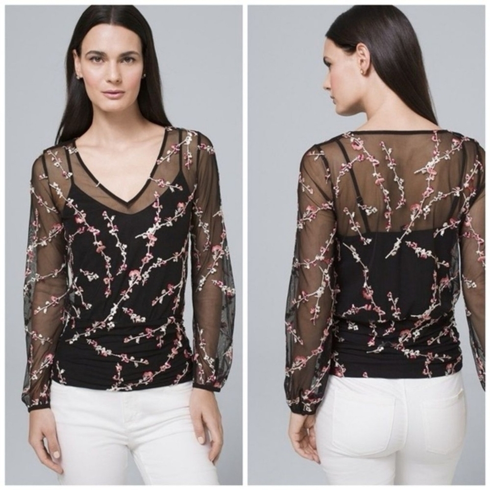 White House Black Market Black Sheer Floral Embroidered Mesh Blouse – Size Small